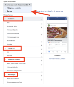 placements Gestionnaire Facebook ads
