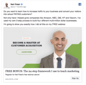 exemple publicité Facebook : Neil Patel